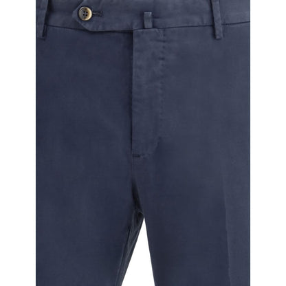 Close-up of PT Torino Blue Cotton Casual Pants showcasing the front button and zipper closure, ideal for versatile looks.