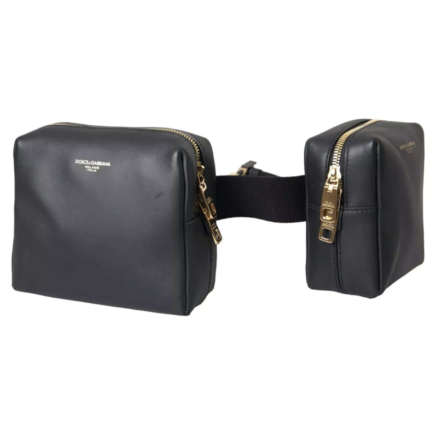 Dolce & Gabbana Black Calfskin Leather Double Waist Belt Fanny Pack Bag