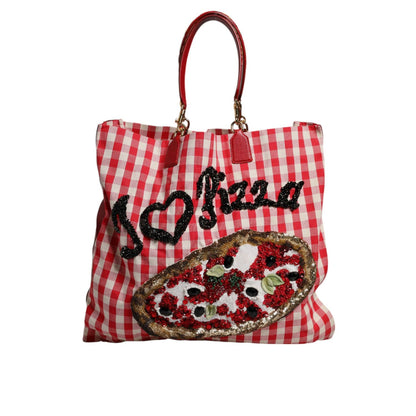 Dolce & Gabbana Red I Love Pizza Rhinestone Embellished Tote Bag