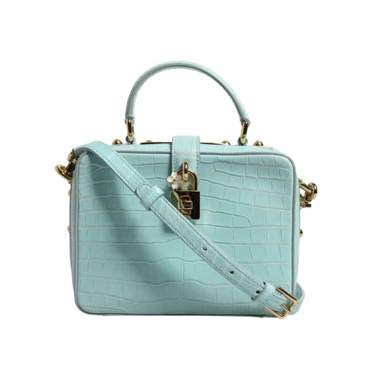 Dolce & Gabbana Mint Green Embossed Leather Padlock Shoulder Bag with crocodile texture and gold hardware.