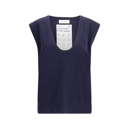Extreme Cashmere Blue Cashmere Sleeveles Sweater with ribbed neckline and hem, perfect for layering, made of Kashmir, Polyamide, Spandex.