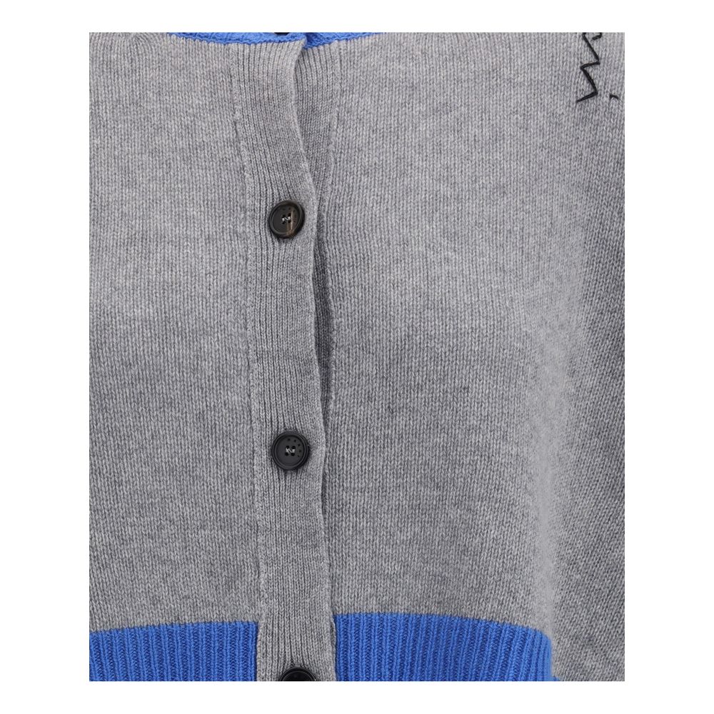 Marni Gray Cashmere Cardigan with decorative stitching, ribbed crew neck, cuffs, and hem, featuring front button closure. AW25 fashion.