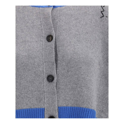 Marni Gray Cashmere Cardigan with decorative stitching, ribbed crew neck, cuffs, and hem, featuring front button closure. AW25 fashion.