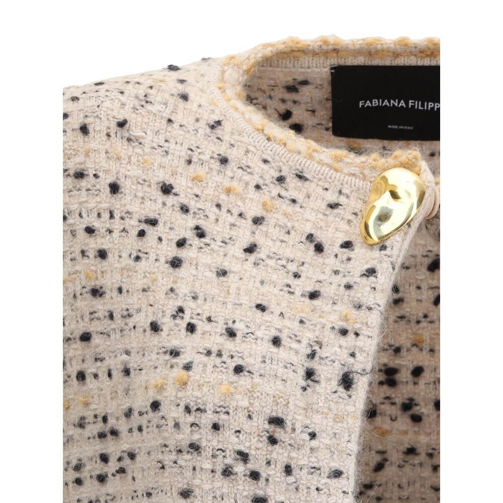Close-up of Fabiana Filippi Multicolor Fleece Wool Coat showing tweed-effect pattern and golden button detail.