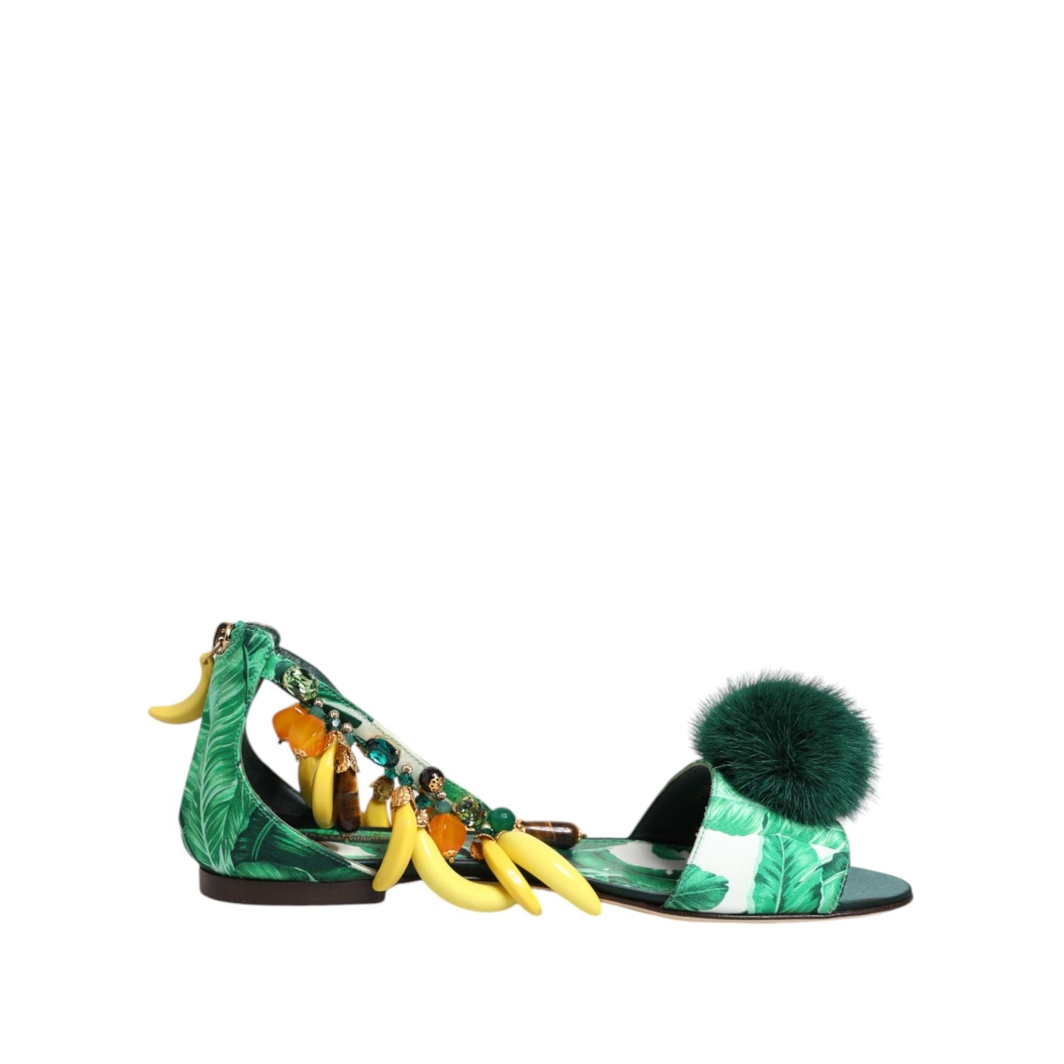 Dolce & Gabbana Green Mink Fur Satin Banana Leaf Sandals Shoes