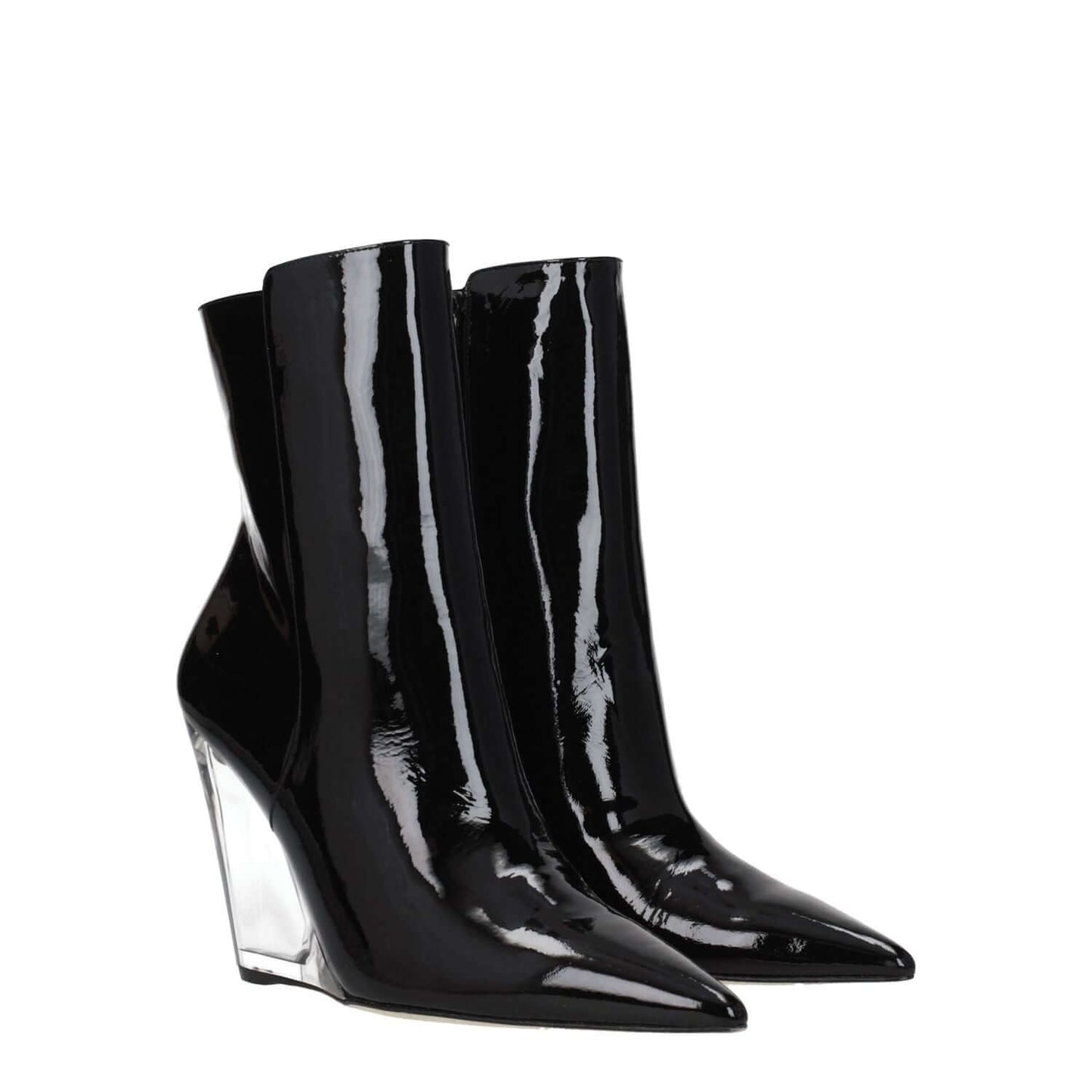 Stuart Weitzman Black Leather Ankle Boots with patent leather finish, pointy toe, wedge heel, and zip closure, style Punk Rock.
