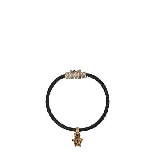 Versace Black Leather Bracelet with gold accents, hook closure, and logo detail, MPN 10092161A051691B130, casual style accessory.