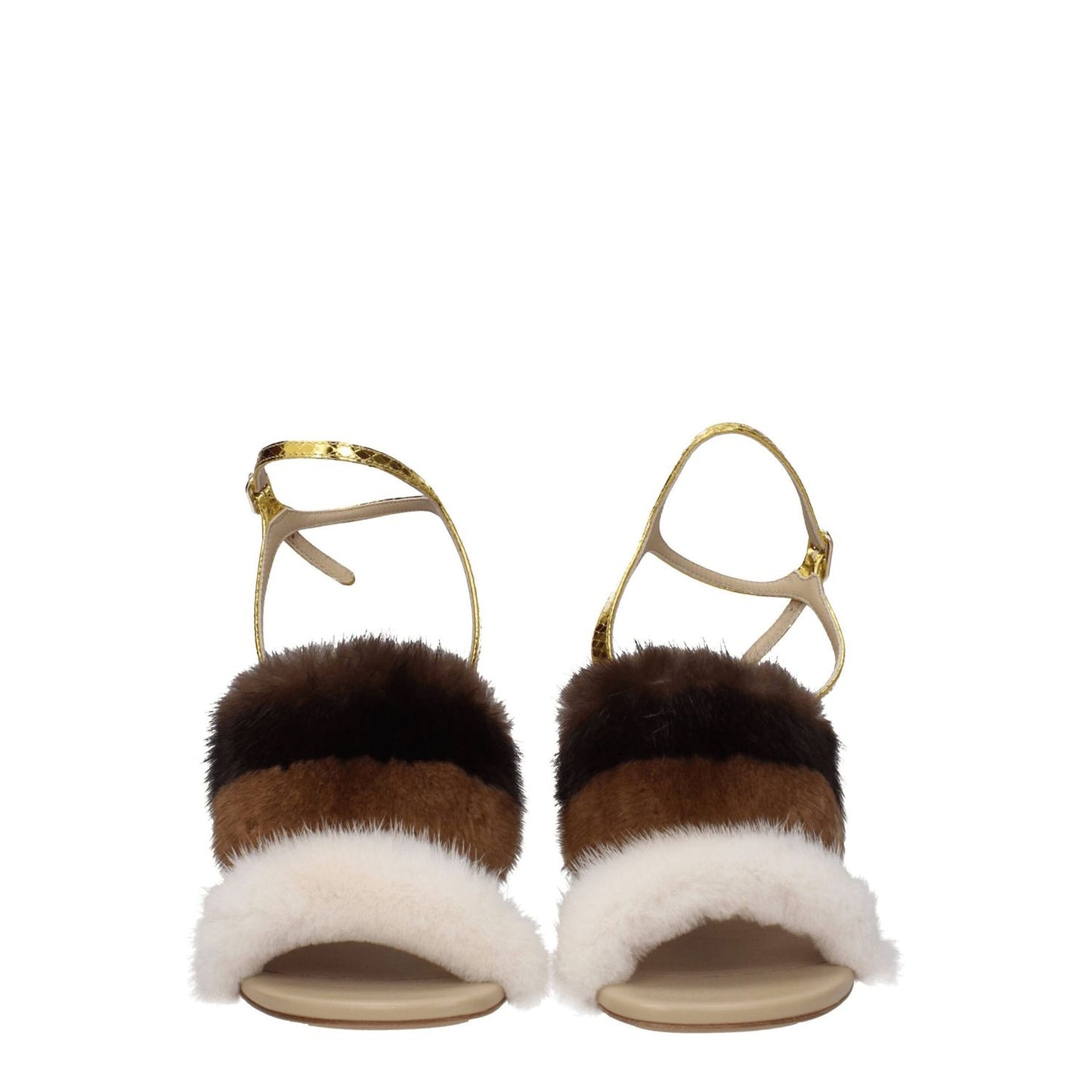 Fendi Brown Mink Strap-On Sandals with vintage effect, buckle closure, leather sole, and high heel. Features snake leather and open toe design.