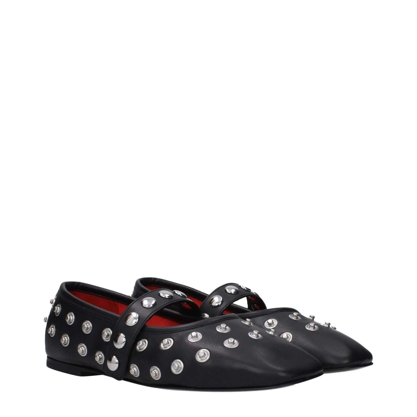 Stella McCartney Black Leather Ballet Flats featuring silver studs, eco leather, round toe, and button closure for a punk rock style.