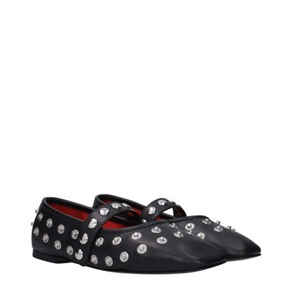 Stella McCartney Black Leather Ballet Flats featuring silver studs, eco leather, round toe, and button closure for a punk rock style.