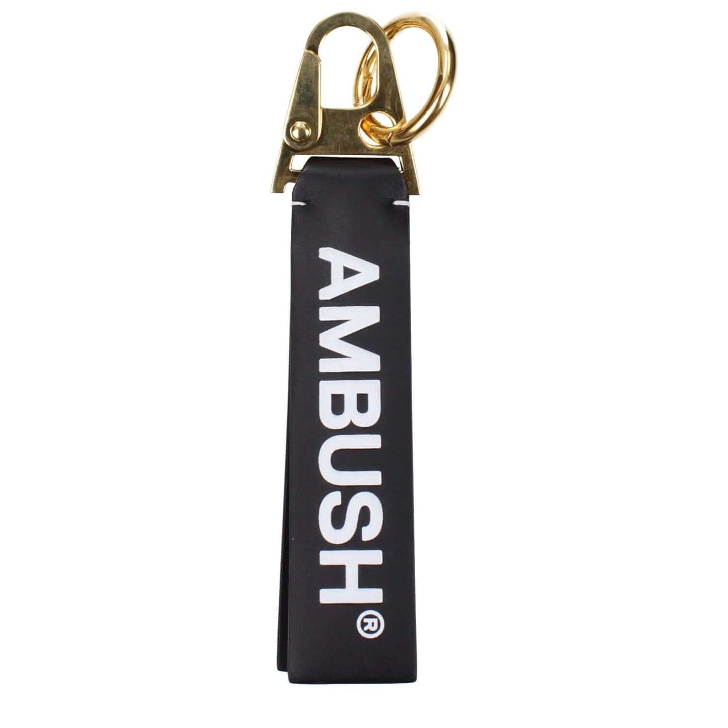 Alt Tag: Ambush Black Leather Keychain with logo and vintage effect design, MPN BMNF003S22LEA0011076, product code F83877.