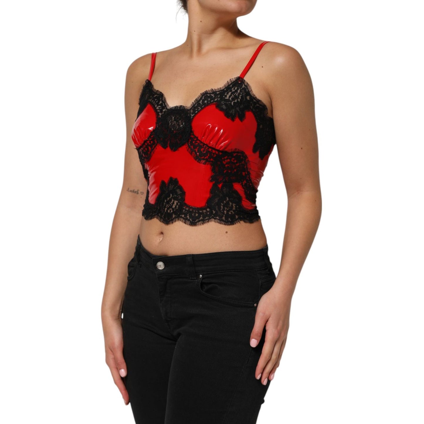 Dolce & Gabbana Red Black Lace Trim Polyester Sleeveless Tank Top