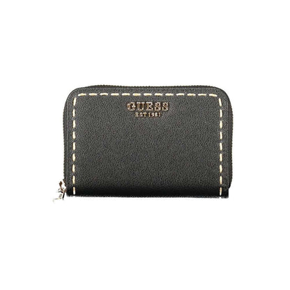 Guess Jeans Black Polyethylene Wallet with zip closure and contrasting details, showcasing the logo and double card spaces.