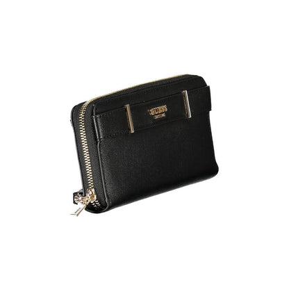 Guess Jeans Black Polyethylene Wallet with zip closure, multiple compartments, and contrasting details, featuring a removable pull handle.