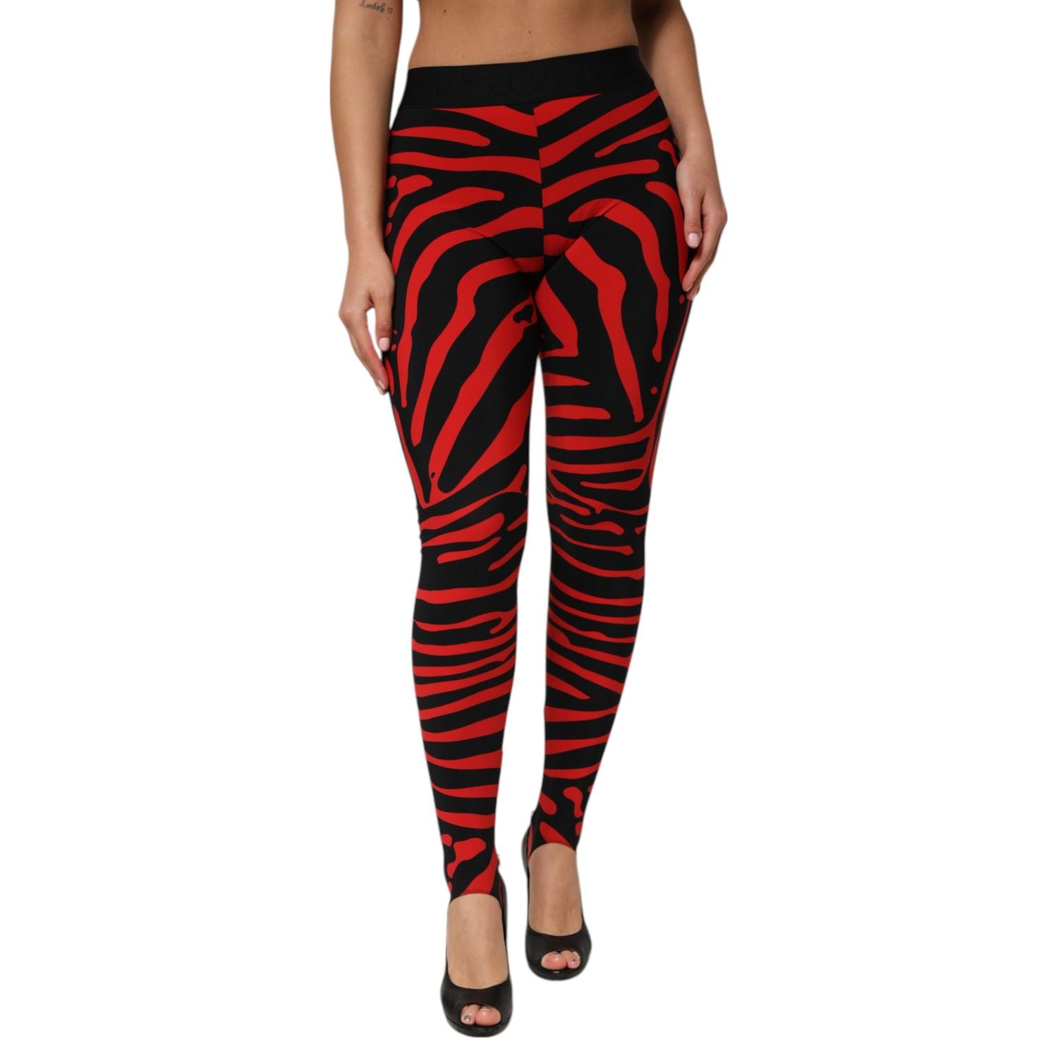 Dolce & Gabbana Black Red Nylon Logo Waisted Leggings Pants