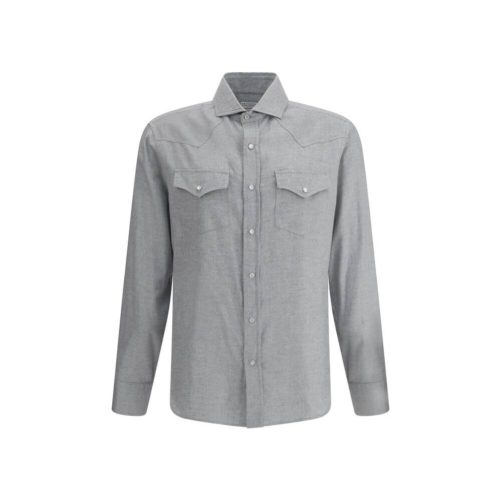Brunello Cucinelli Gray Cotton Pattern Shirt with classic collar and front snap-button closure, featuring two flap pockets.