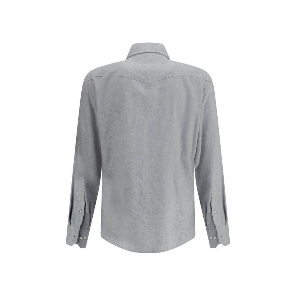 Back view of Brunello Cucinelli Gray Cotton Pattern Shirt with adjustable button cuffs and classic collar.