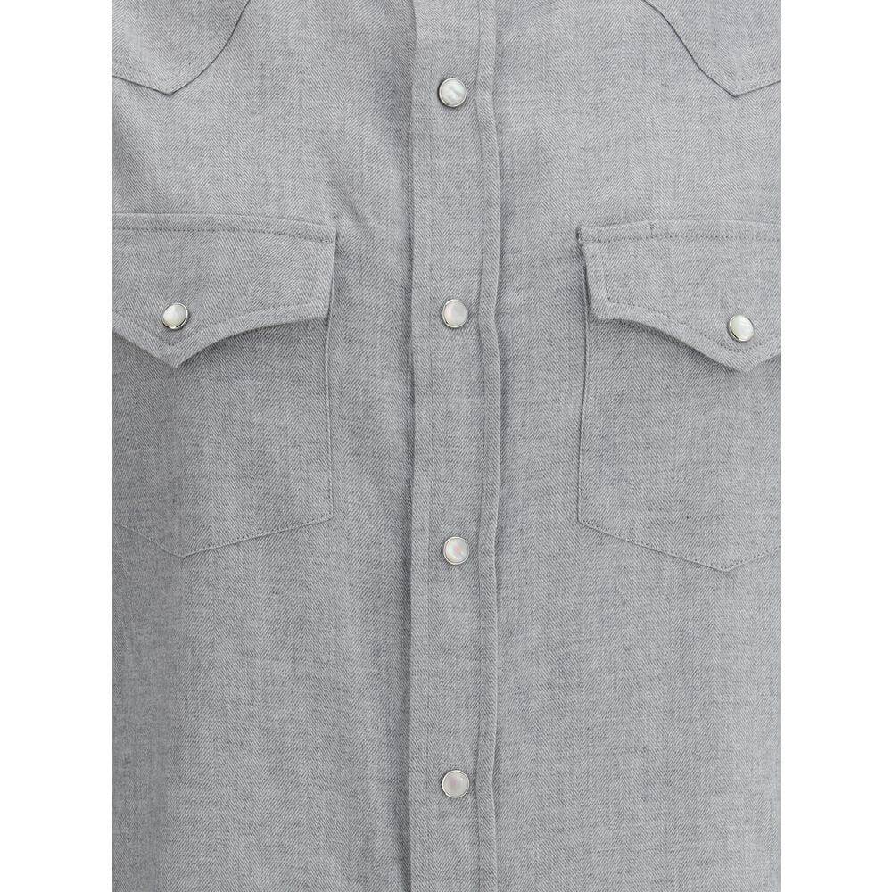 Close-up of Brunello Cucinelli Gray Cotton Pattern Shirt with snap-button closure and flap pockets.
