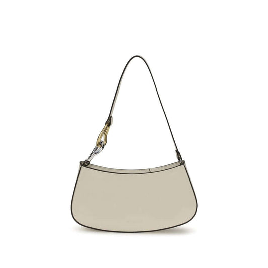Staud Cream Calf Leather Bos Taurus Shoulder Bag with flat strap and zip closure, featuring double snap hook detail.