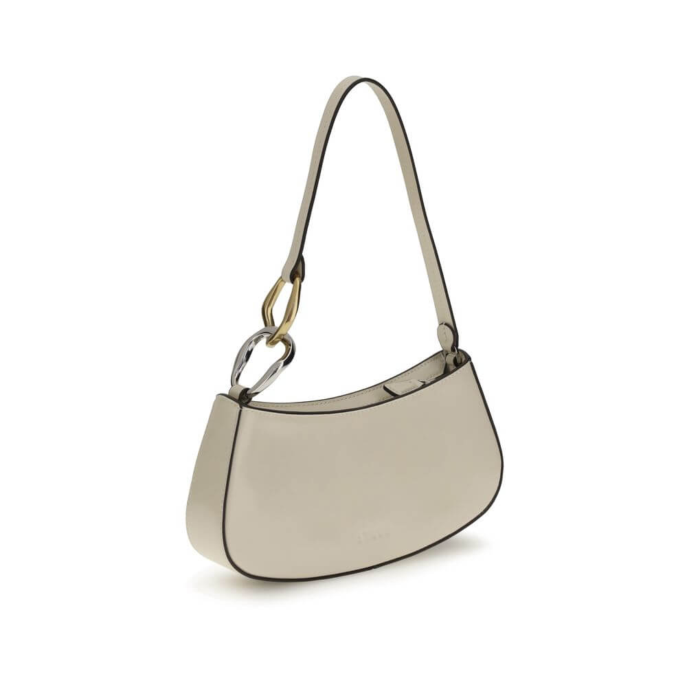 Staud Cream Calf Leather Bos Taurus Shoulder Bag with double snap hook detail and zippered top closure.