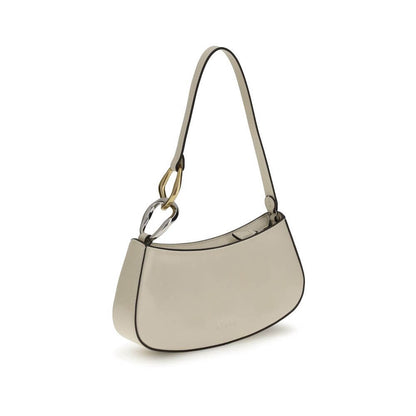 Staud Cream Calf Leather Bos Taurus Shoulder Bag with double snap hook detail and zippered top closure.