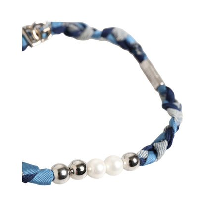 Dolce & Gabbana Blue White Braided Silver Metal Logo Beaded Men Bracelet