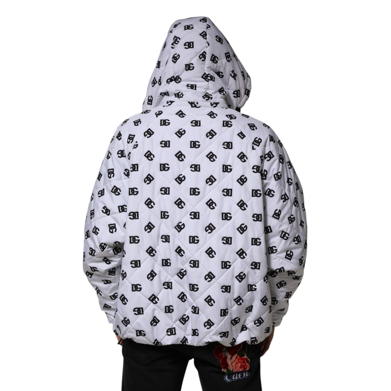 Dolce & Gabbana White DG Monogram Hooded Quilted Jacket