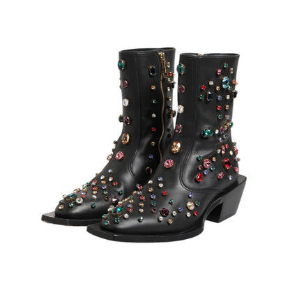Dolce & Gabbana Black Crystal Cowboy Leather Men Boots Shoes