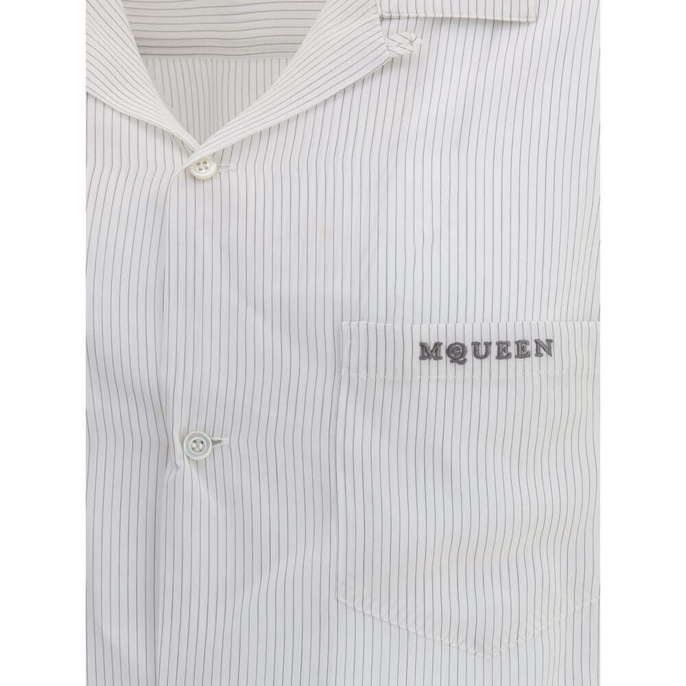 Alexander McQueen White Viscose Pattern Shirt with embroidered logo and thin stripes.