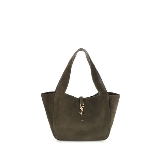 Saint Laurent Green Le 5 à 7 Bea Tote Bag in suede leather with Cassandre logo, featuring a strap closure and two top handles.