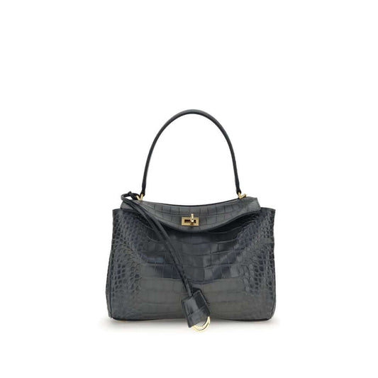 Balenciaga Black Calf Leather Bos Taurus Shoulder Bag in crocodile-print with top handle and removable strap.