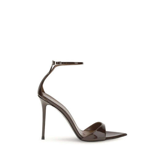 Giuseppe Zanotti Black Leather Stiletto Heel Sandals with patent leather and silver-tone metal strap.