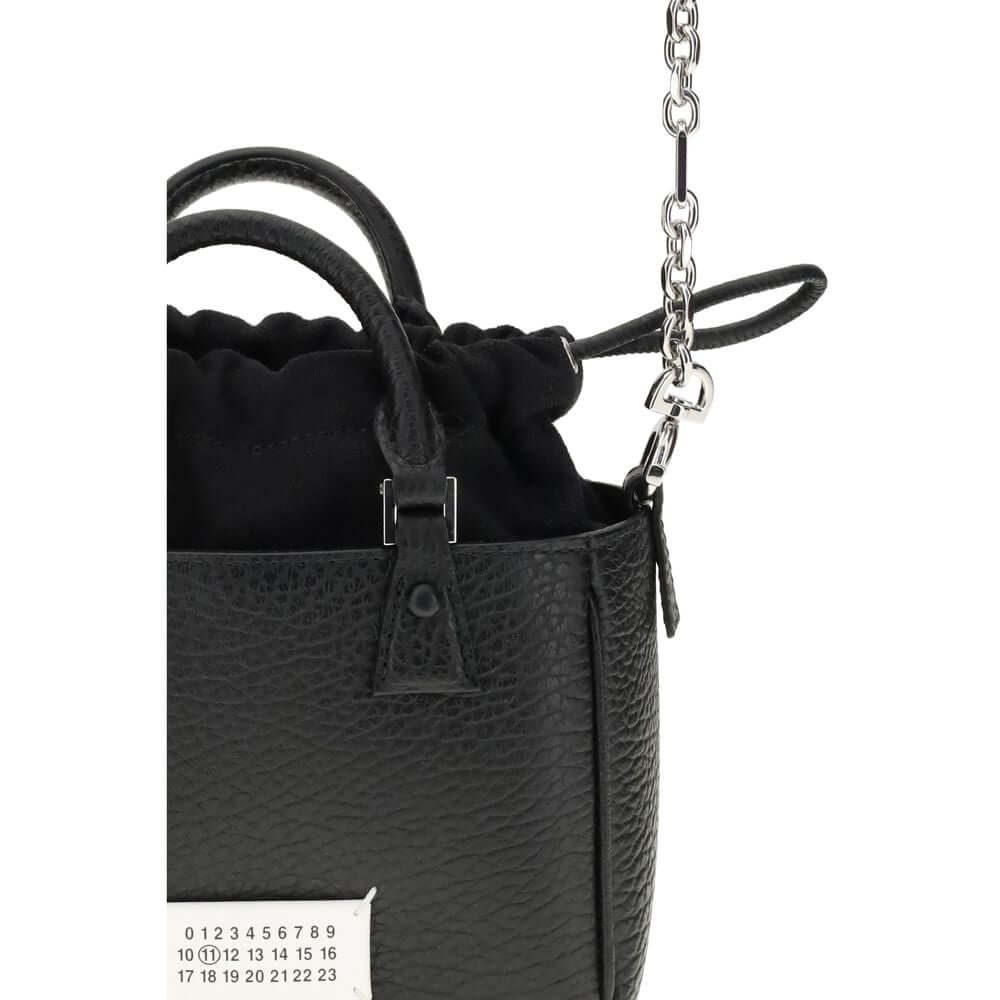 Margiela Black Calf Leather Bos Taurus Shoulder Bag with metal chain detail and logo label inside.