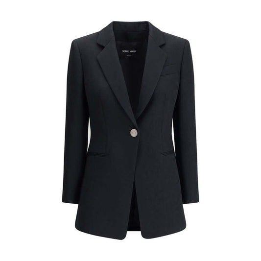Giorgio Armani Black Polyester Blazer with notched lapels and single-button closure, perfect for elegant formal looks.