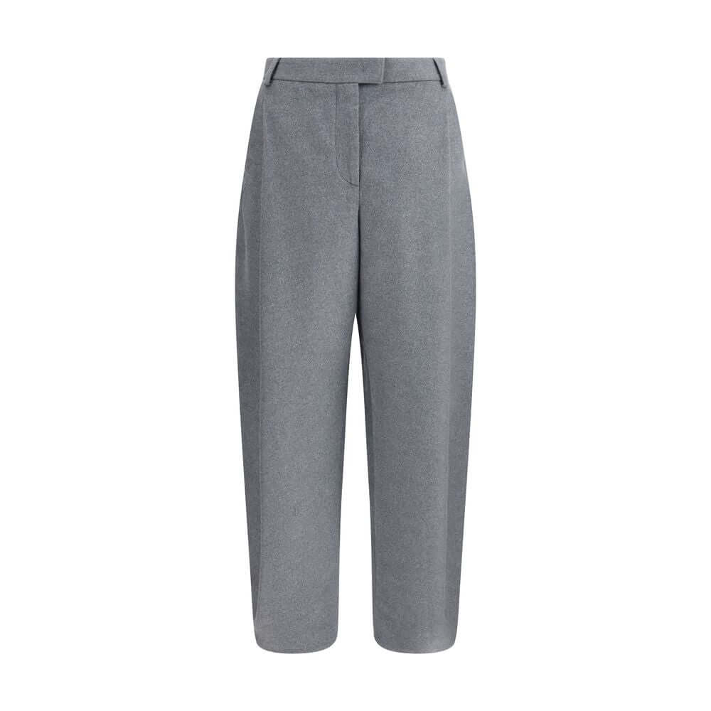 Giorgio Armani Gray Silk Casual Pants with waistband, belt loops, side pockets, and tapered hem, ideal for a sophisticated look.
