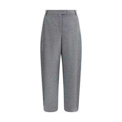 Giorgio Armani Gray Silk Casual Pants with waistband, belt loops, side pockets, and tapered hem, ideal for a sophisticated look.