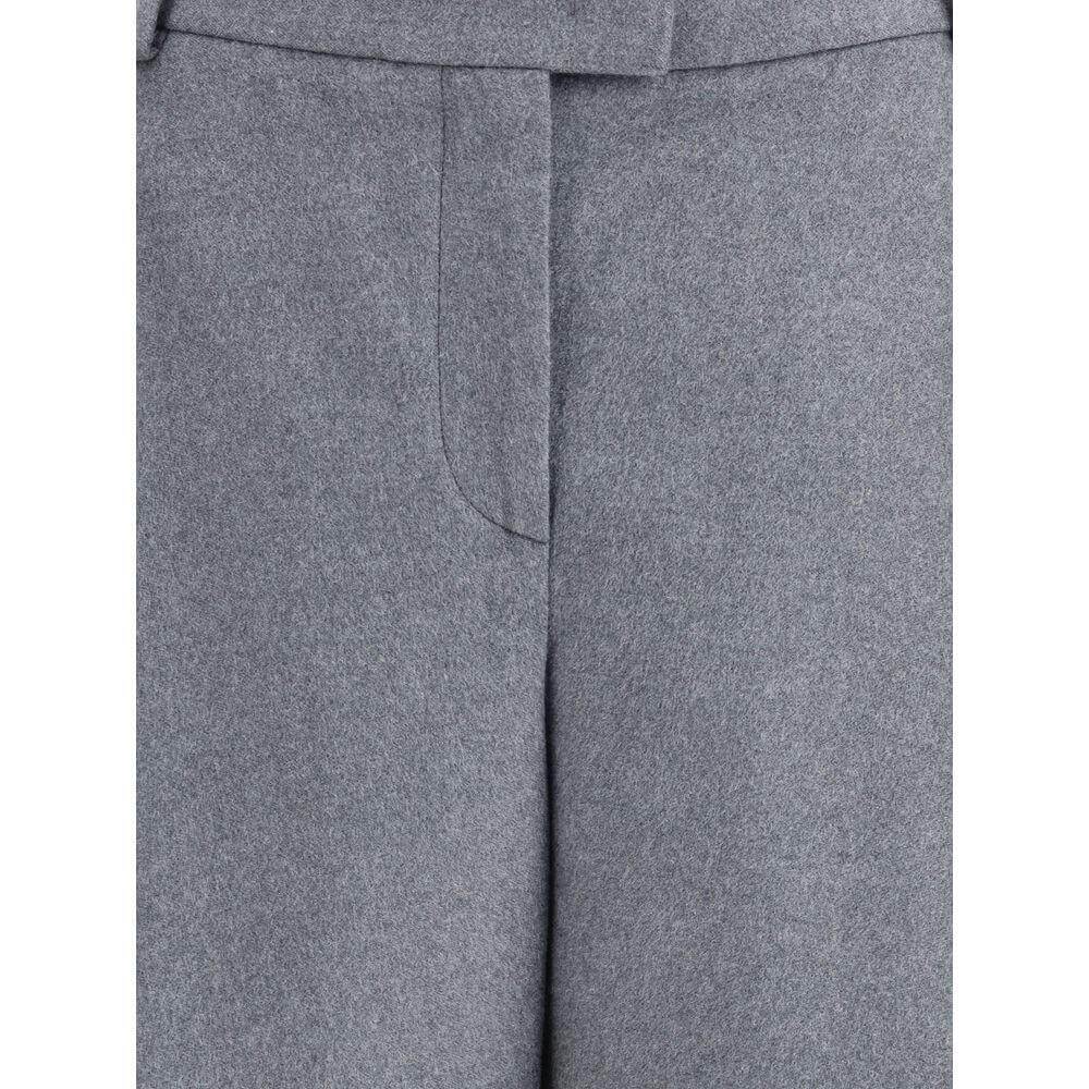 Close-up of Giorgio Armani Gray Silk Casual Pants with waistband and tapered hem detailing.