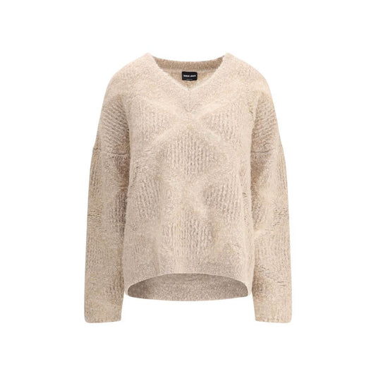 Giorgio Armani Cream Cashmere Cashmere Sweater featuring a V-neck with sheer detail, made from cashmere, alpaca, and silk blend, AW25 collection.