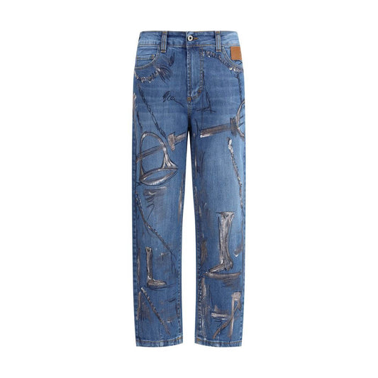 Ella Blue Cotton Slim Fit Jeans with paint splatter details, five-pocket design, and front zip closure, made in Italy, 100% cotton.