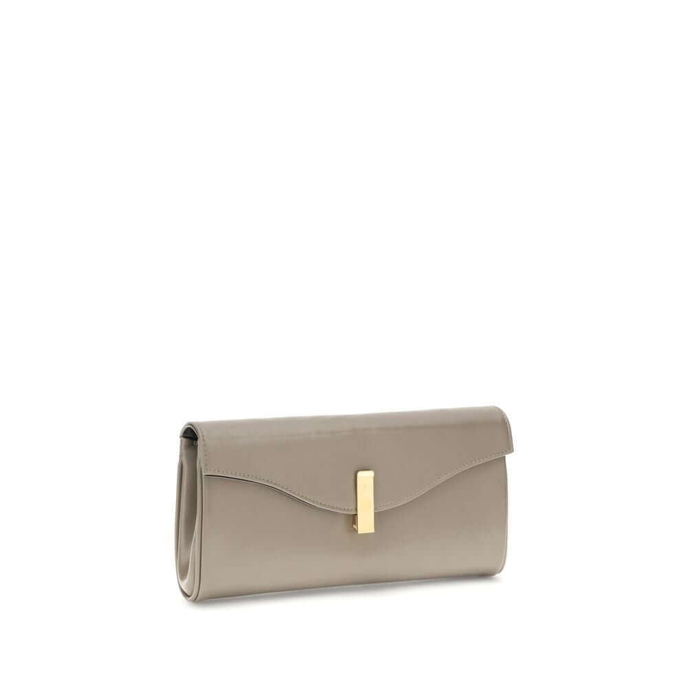 Giuseppe Zanotti Beige Leather Clutch Bag with gold-tone chain and logoed metal closure, elegant and compact design.