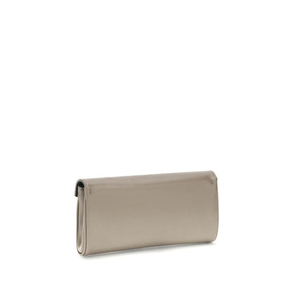 Giuseppe Zanotti Beige Leather Clutch Bag with logoed metal closure and gold-tone chain, stylish accessory with slip pocket and card slot.