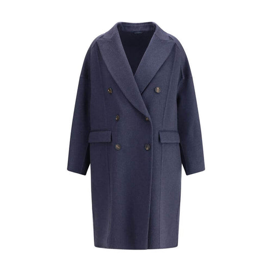 Alt Tag: Brunello Cucinelli Blue Cashmere Coat with wide peaked lapel and double-breasted design, featuring contrasting buttons and flap pockets.