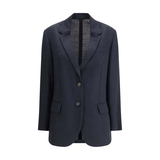 Brunello Cucinelli Blue Fleece Wool Blazer with lapels and two-button front