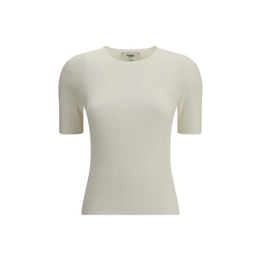 Fendi White Silk T-Shirt with ribbed knit and iconic Fendi 1925 motif for elegant casual style.