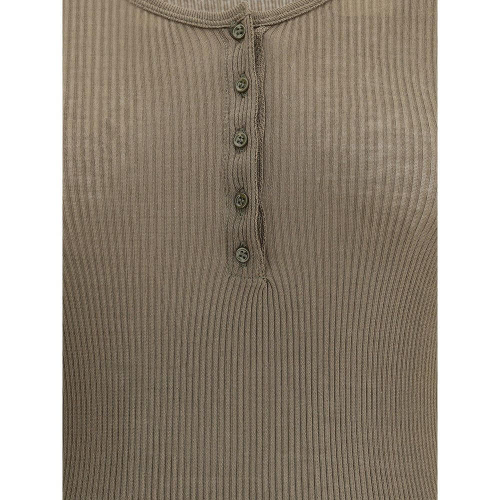 Isabel Marant Green Cotton Top with ribbed texture and button closure, perfect for everyday wear with classic round neckline.