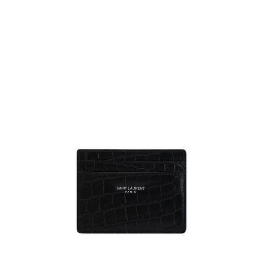 Saint Laurent Black Calf Leather Bos Taurus Wallet with animal-effect print and monogram, featuring card slots and bill compartment.