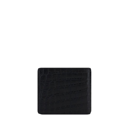 Saint Laurent Black Calf Leather Bos Taurus Wallet with embossed monogram, billfold design, card and bill slots, 100% calf leather.