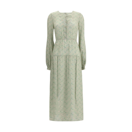 Kristina Ti Green Silk Long Dress with foliage print, elastic waist, and button closure for elegant and fluid wear.