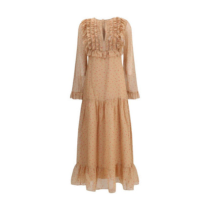 Kristina Ti Multicolor Silk Long Dress with vintage striped pattern and ruffles, featuring semi-sheer fabric and puffed cuffs.