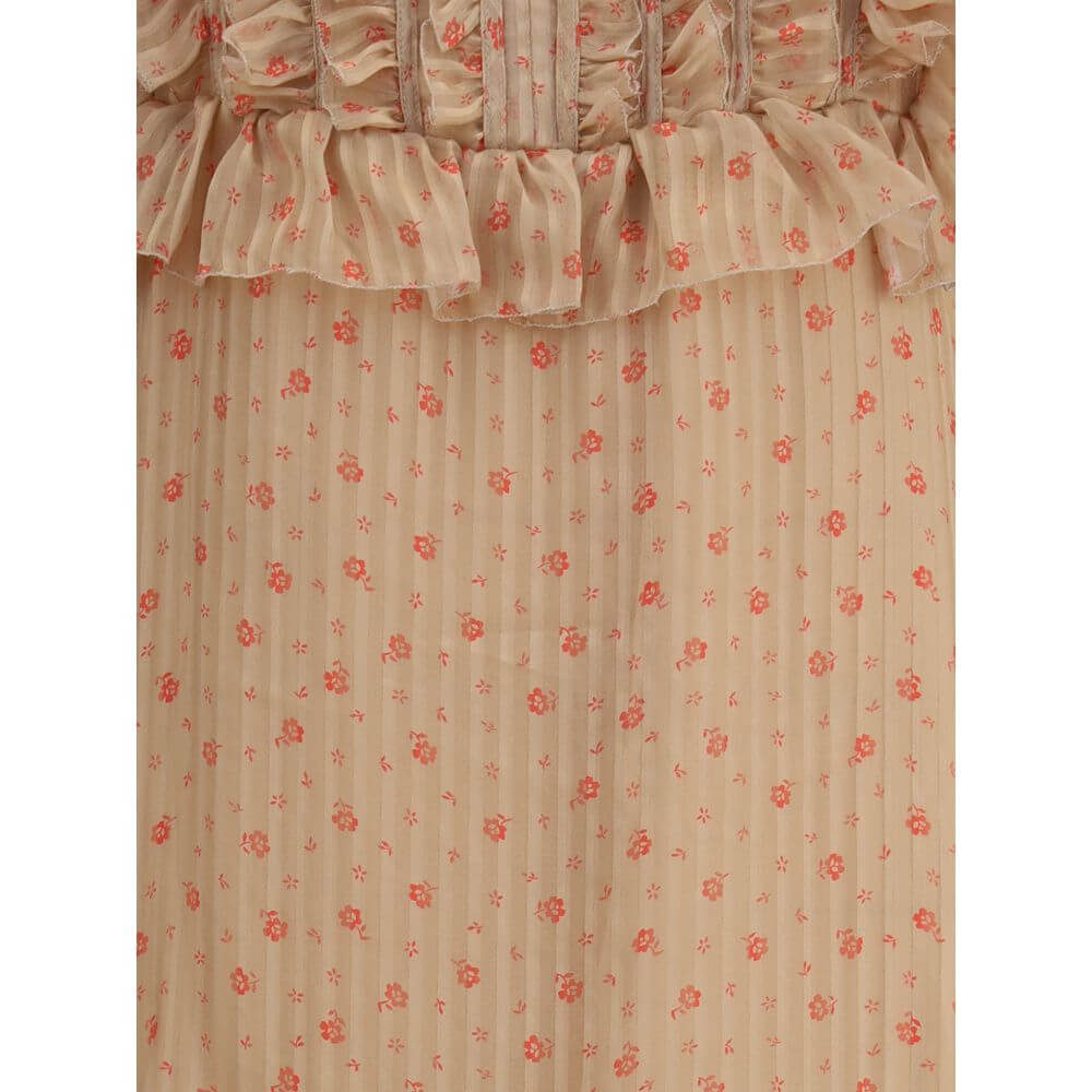 Close-up of vintage striped pattern and ruffles on Kristina Ti Multicolor Silk Long Dress, showcasing floral design and semi-sheer fabric.